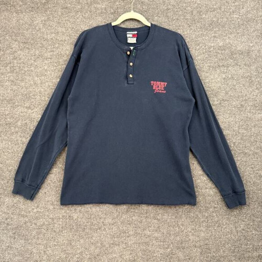 Vintage 90s Tommy Hilfiger Tommy Jeans Henley Shirt Mens L Navy Made In USA